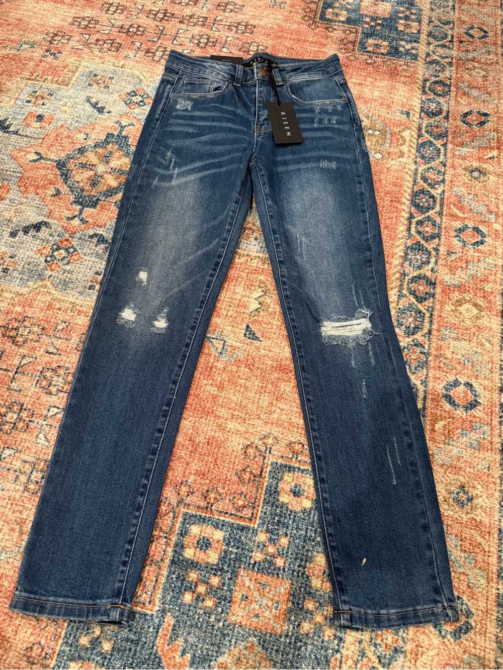 iris Distressed Straight-Leg Jeans in Dark Blue